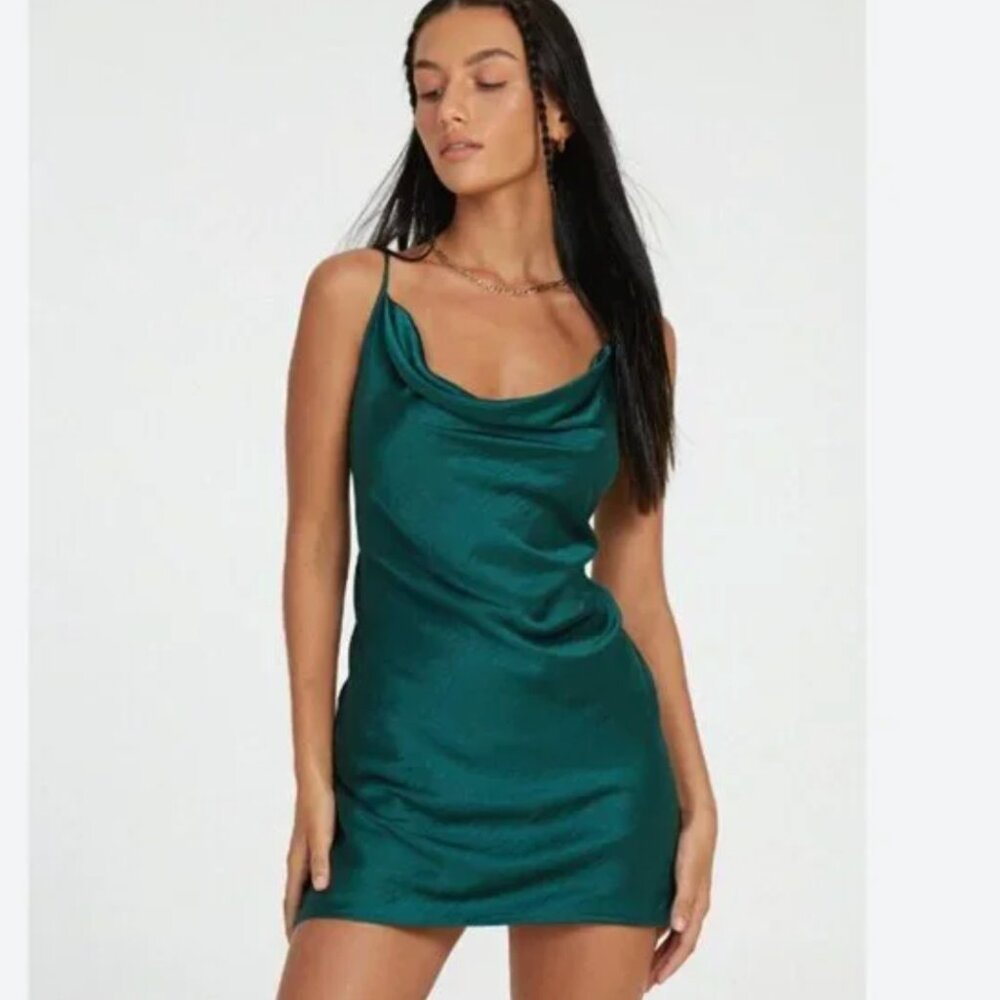 NWT MOTEL ROCKS PAIVA FOREST GREEN SATIN MINI BELTED COCKTAIL DRESS - S